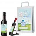 Botella de vino y sacacorchos personalizados con nombre de invitado nombre niño y fecha en bolsa de regalo comunión