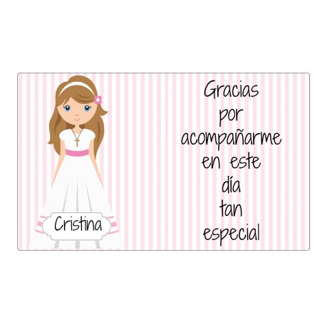 Plantilla niña comunión fondo rayas rosas para bidón personalizado