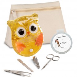 Neceser con espejo personalizado con nombre de invitada y set de manicura búho