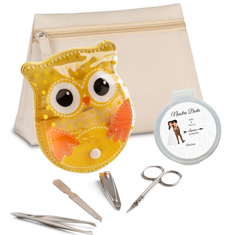 Neceser con espejo personalizado con nombre de invitada y set de manicura búho