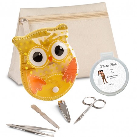 Neceser con espejo personalizado con nombre de invitada y set de manicura búho