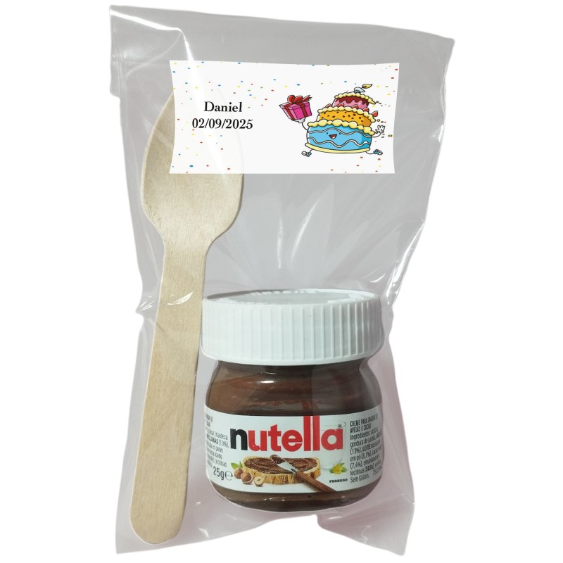Nutella para cumpleaños con cuchara en bolsa transparente personalizada con adhesivo cars