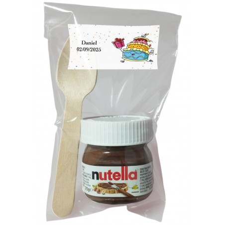 Nutella para cumpleaños con cuchara en bolsa transparente personalizada con adhesivo cars