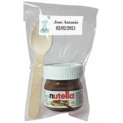Nutella para bautizo con cuchara en bolsa transparente personalizada con adhesivo elefante azul
