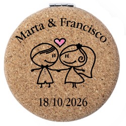 Espejo personalizado para boda con nombre y fecha presentado en bolsa de organza roja