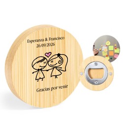 Abridor personalizado con nombre de novios y frase de agradecimiento para bodas