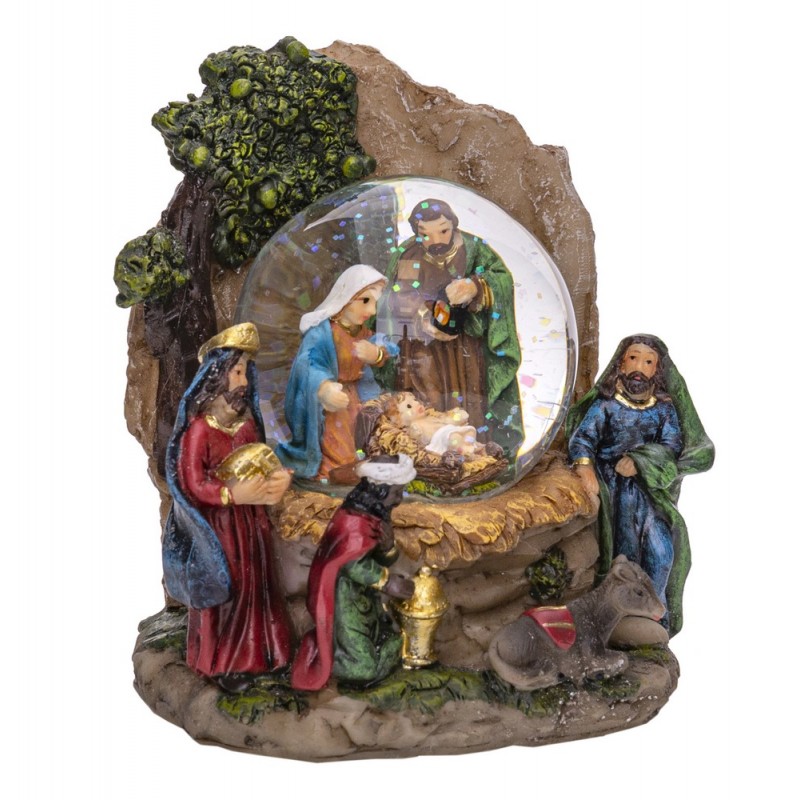 Portal de belén con bola de cristal navideña