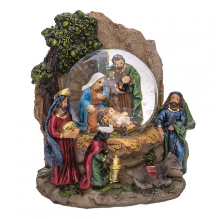 Portal de belén con bola de cristal navideña