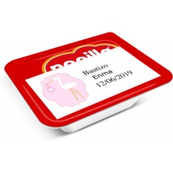 Nocilla mini personalizada con nombre y fecha para bautizo en adhesivo cigueña rosa