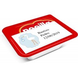 Nocilla mini personalizada con nombre y fecha para bautizo en adhesivo cigüeña azul