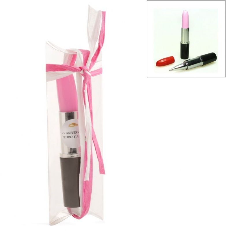 Bolígrafo pintalabios personalizado para boda en caja de acetato decorada con rafia