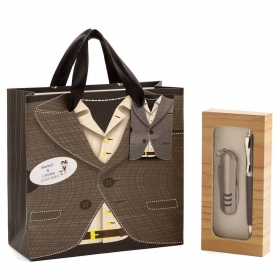 Navaja y bolígrafo para boda presentado en caja y bolsa personalizada