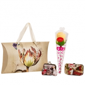 Regalo manicura monedero y toalla en forma de flor presentado en caja de cartón