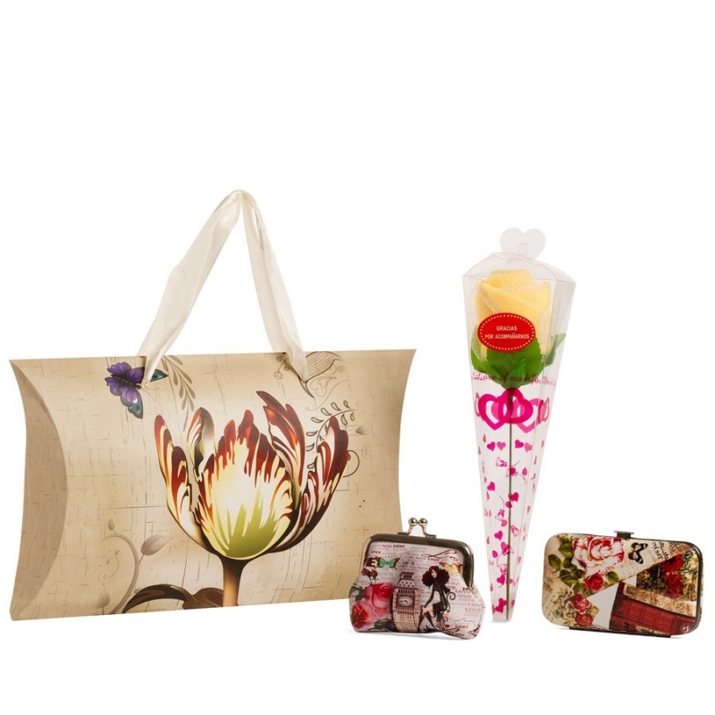 Regalo manicura monedero y toalla en forma de flor presentado en caja de cartón