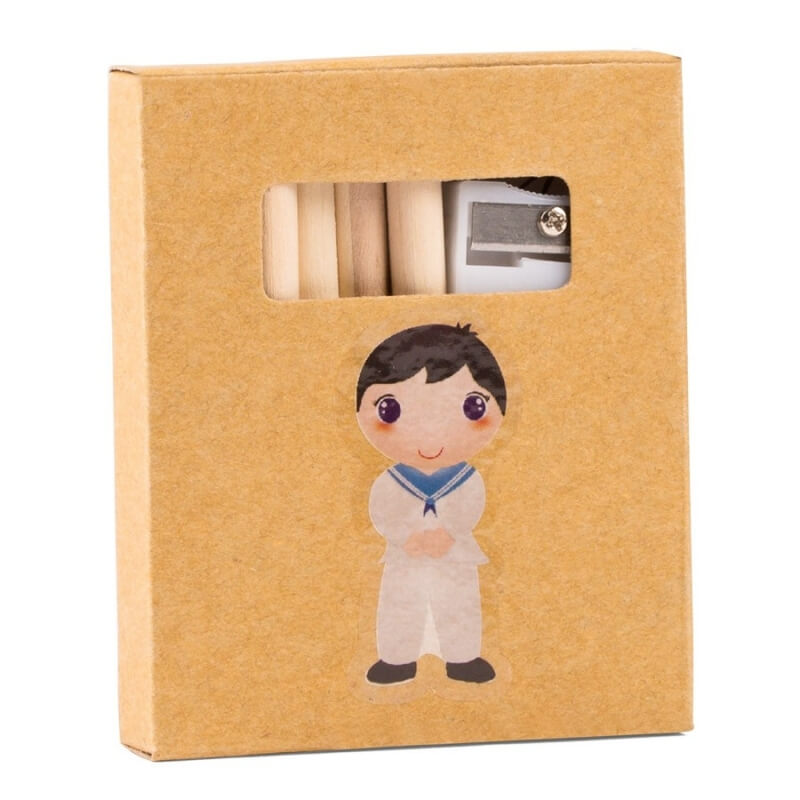 Lápices de colorear en caja kraft con adhesivo niño comunión